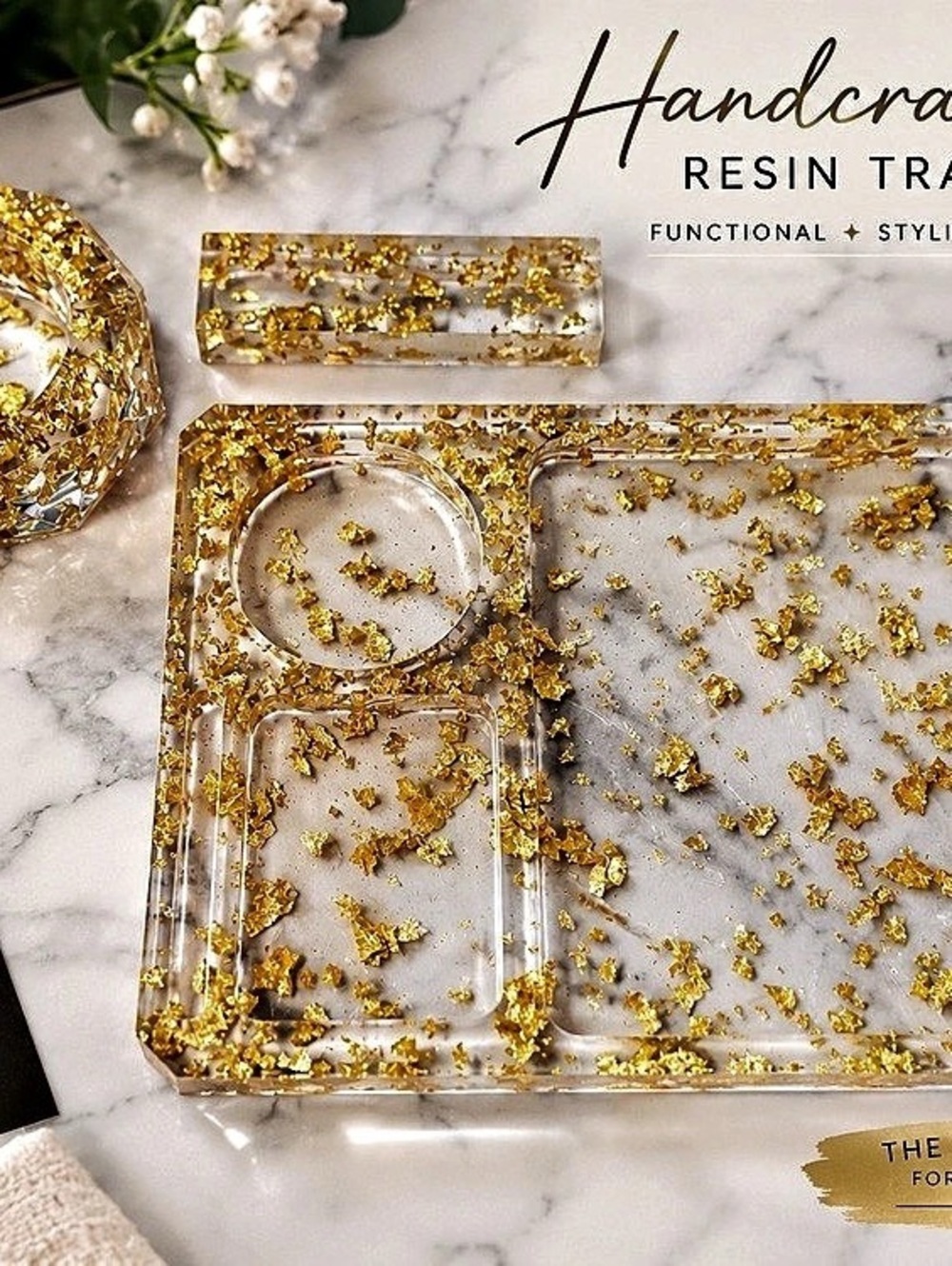Handcrafted Resin Tray Set Gold Flake Resin Tray Set